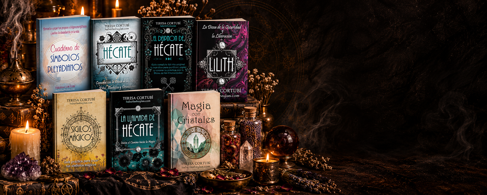 Libros de Teresa Cortubí junto a velas, minerales y objetos rituales